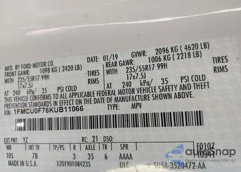 2019 Ford Escape S from USA, damaged, VIN 1FMCU0F76KUB11066